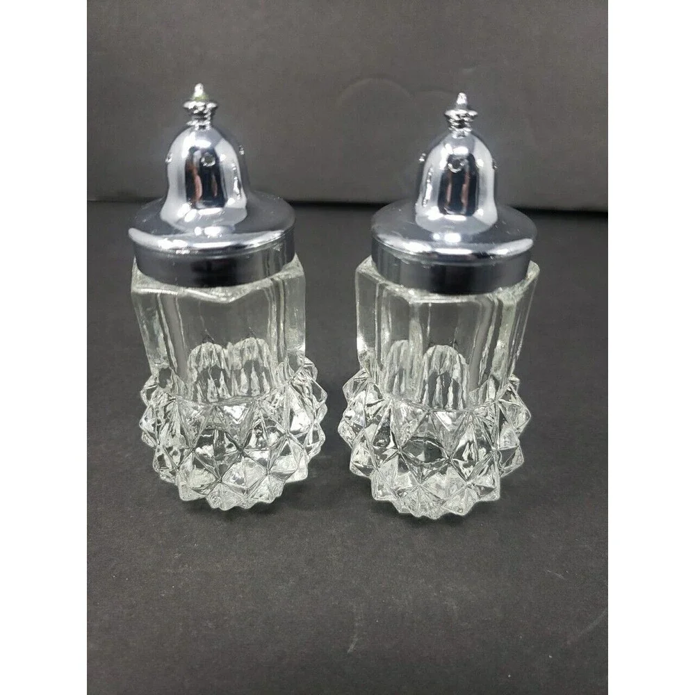 Vintage Salt & Pepper Shakers c1960s Heavy Glass Made in Hong Kong Diamond Cut